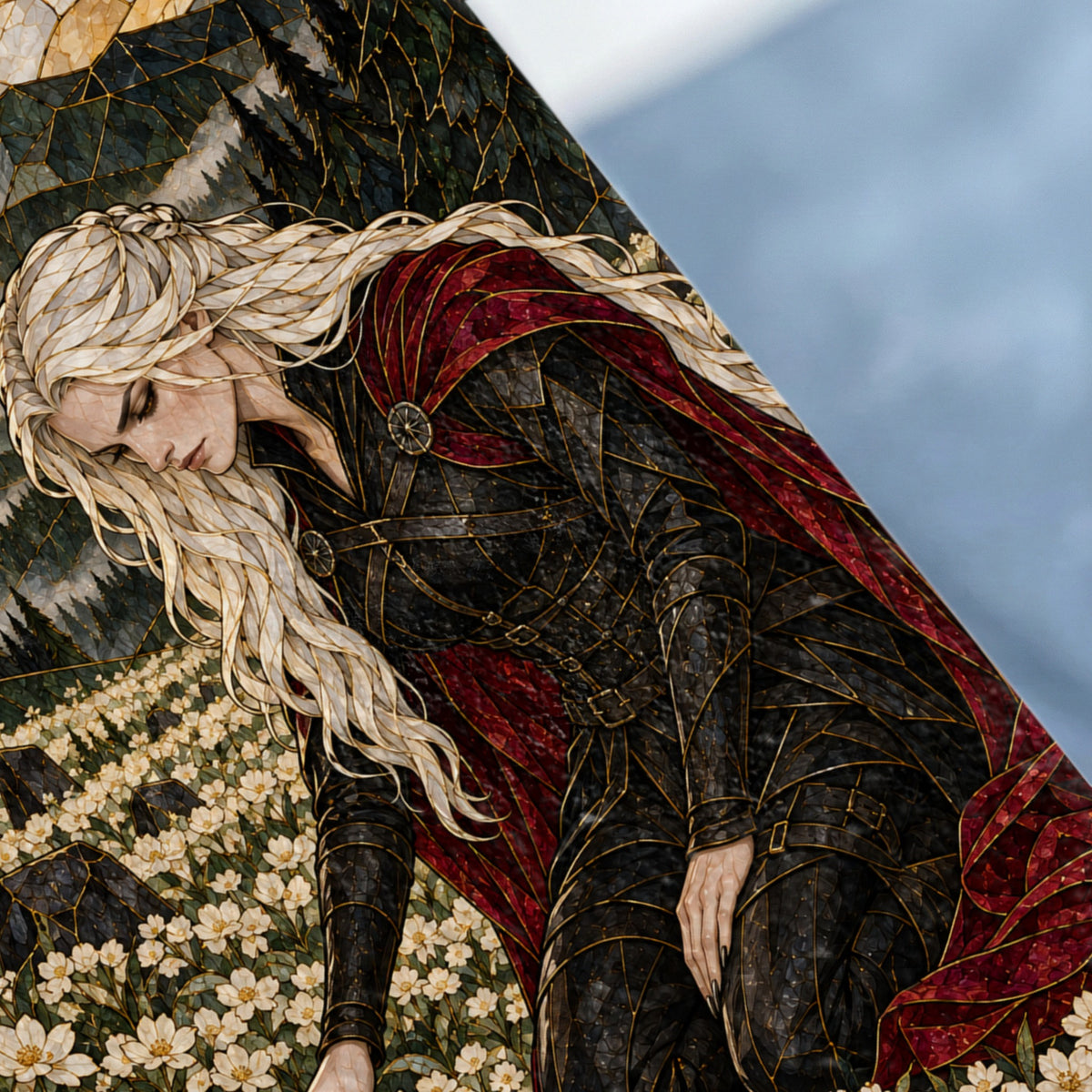 Fallen warrior with blonde braid in black armor and red cape among white flowers.