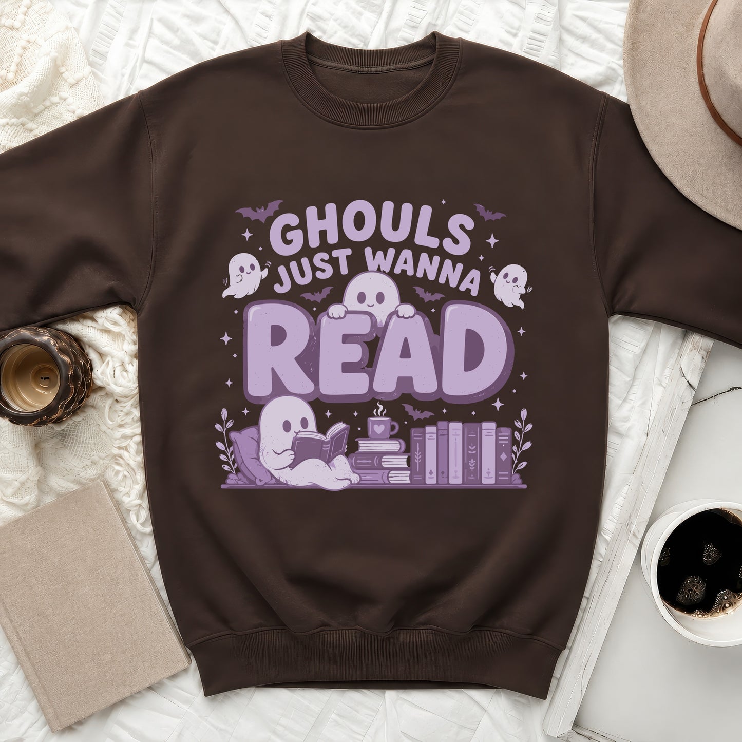 Brown sweatshirt with "Ghouls Just Wanna Read" graphic featuring cute ghosts and books.