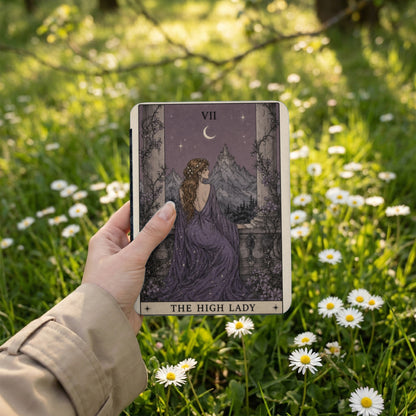 Tarot card "The High Lady" from a veiled woman in a purple dress overlooking a castle.