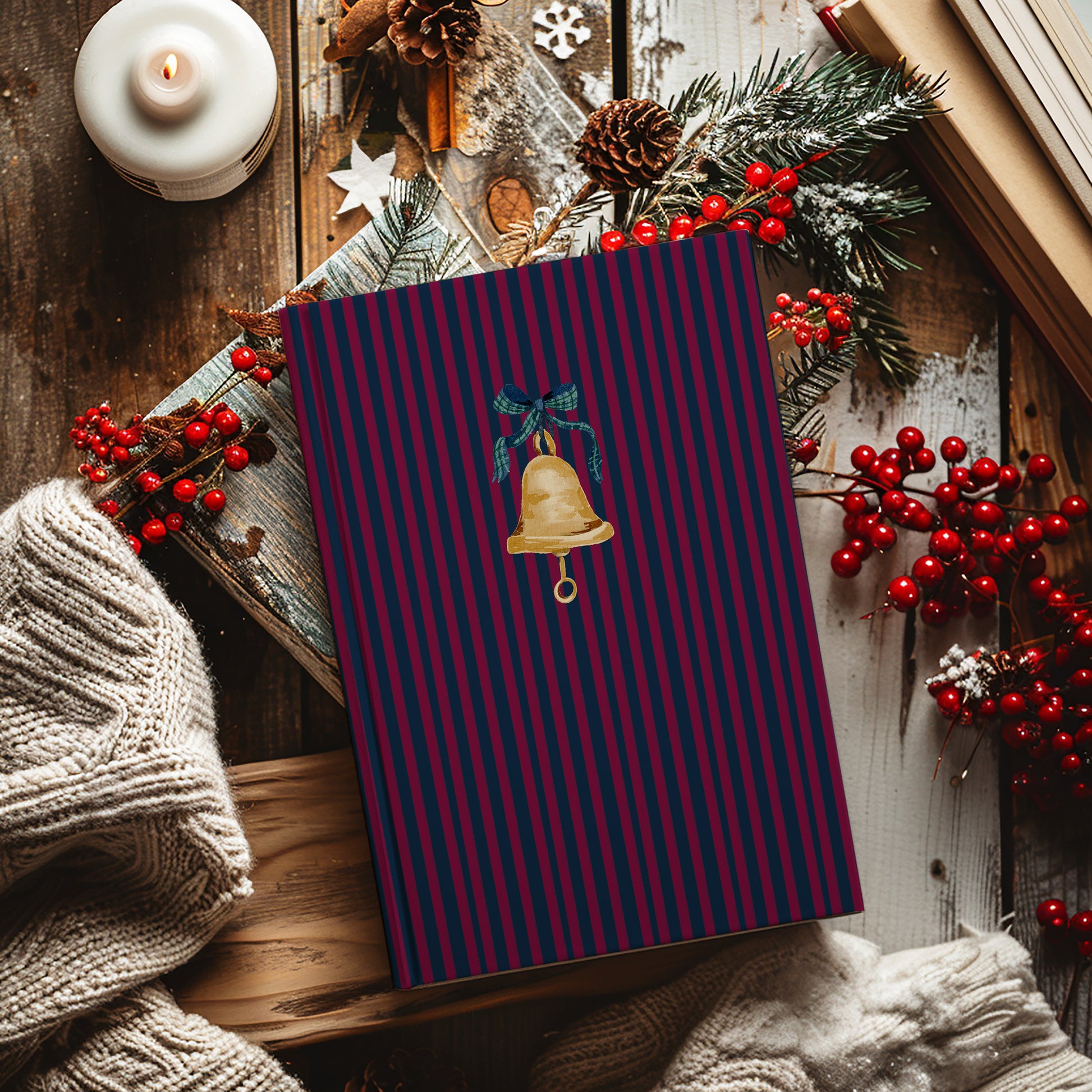 Festive Striped Notebook with Golden Bell Design