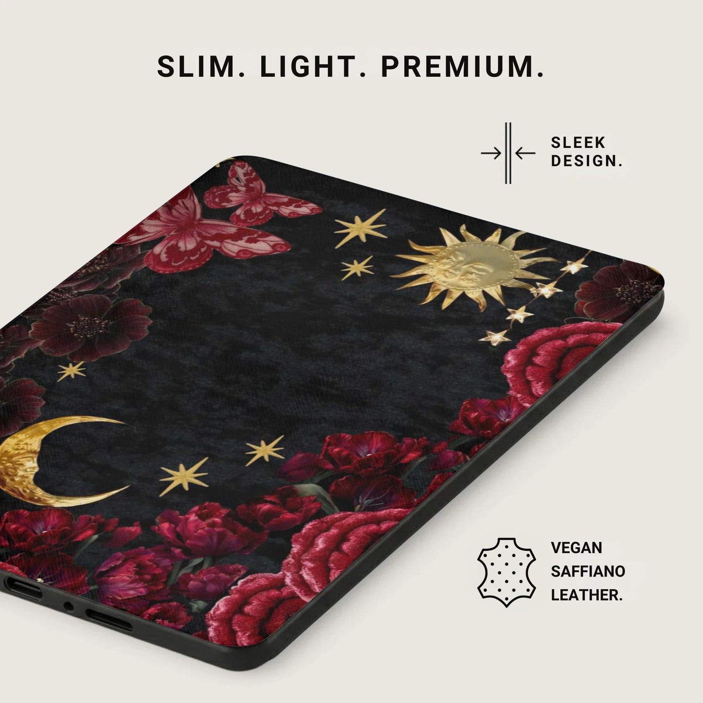 Phone case with celestial and floral design, text "SLIM. LIGHT. PREMIUM." and "SLEEK DESIGN."