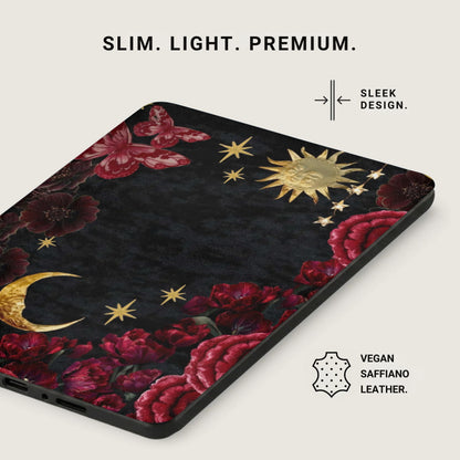 Phone case with celestial and floral design, text "SLIM. LIGHT. PREMIUM." and "SLEEK DESIGN."