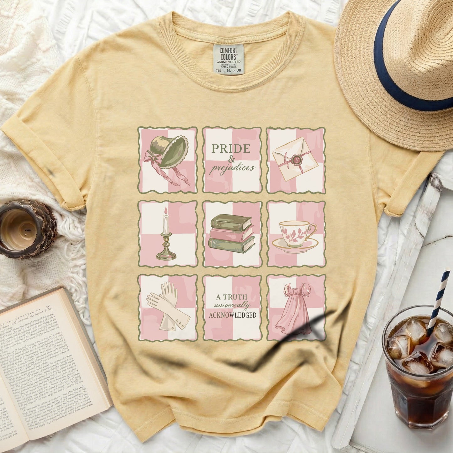 Yellow t-shirt with a Pride and Prejudice-themed grid design.