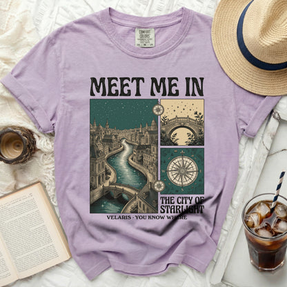 Lavender t-shirt with "Meet Me In Velaris, You Know Where" and city art.