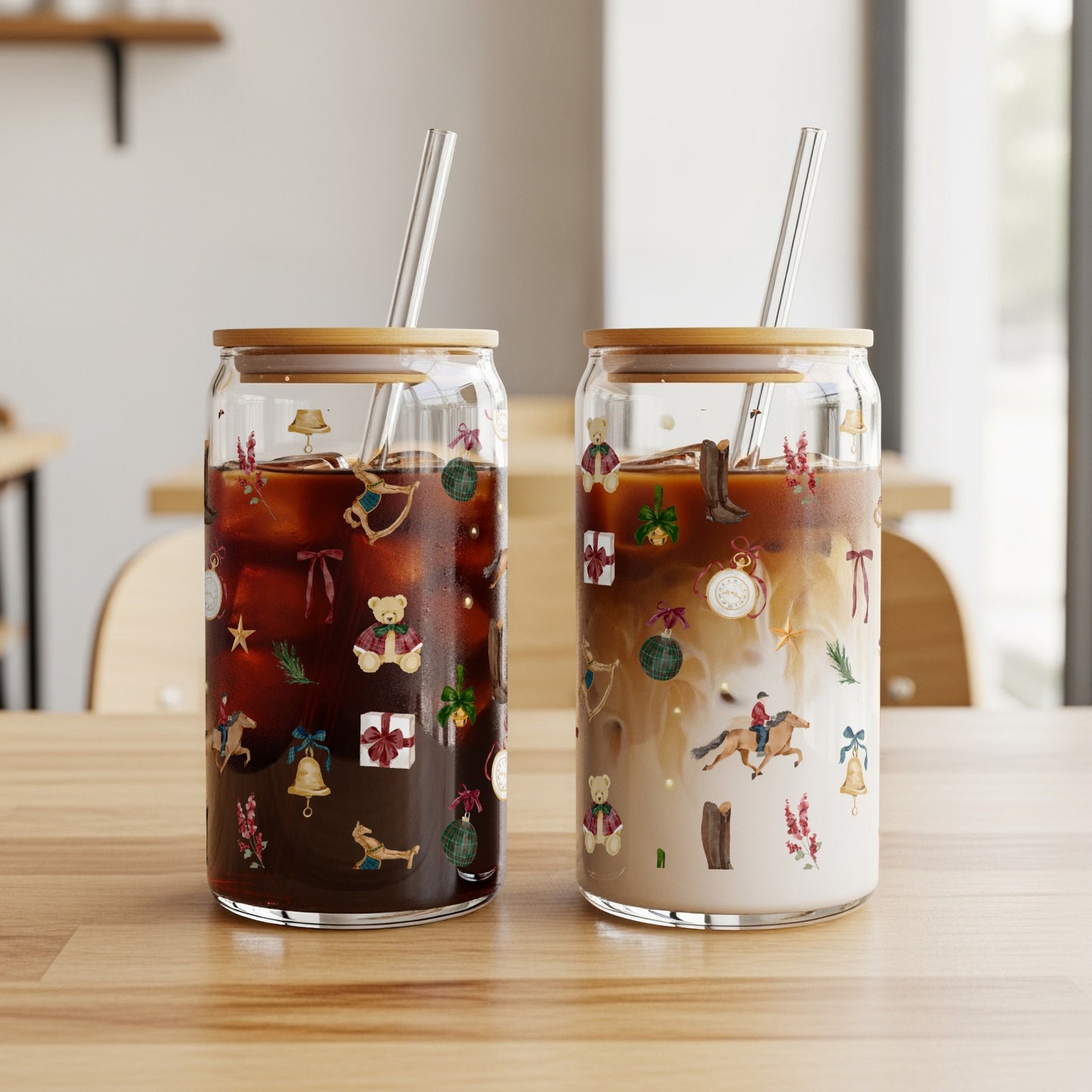 Festive Designed Glass Jars with Lids and Straws