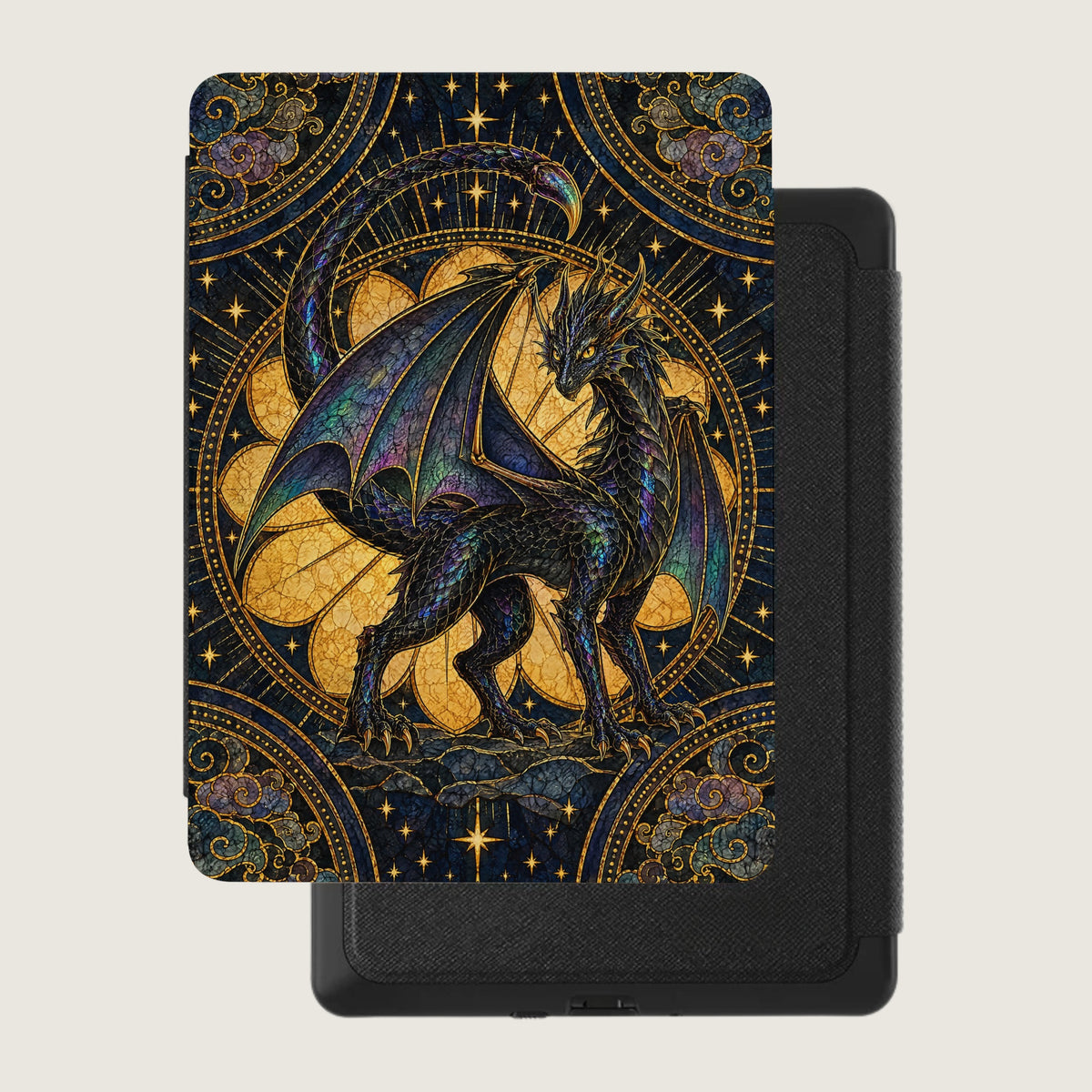 Black e-reader case featuring an intricate stained-glass style illustration of a golden-eyed dragon against a starry, geometric background.