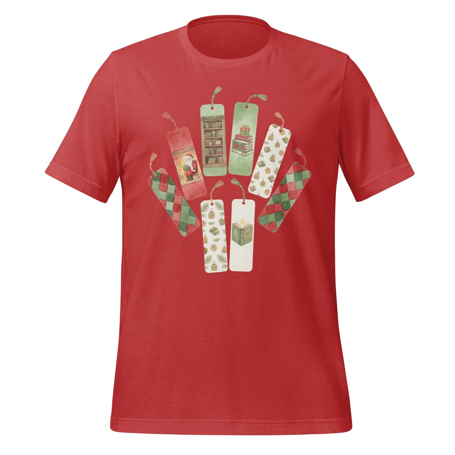 Festive Bookmarks Graphic Design on Red T-shirt