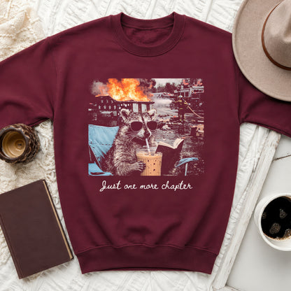 Maroon sweatshirt with graphic of raccoon reading by fire and text "Just one more chapter".