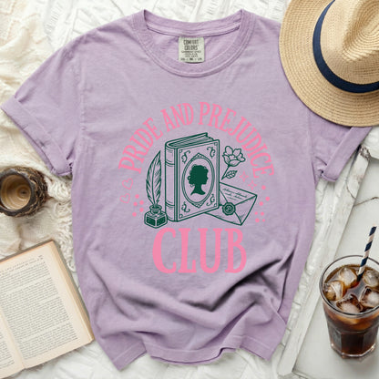 Lavender t-shirt with "Pride and Prejudice Club" graphic.