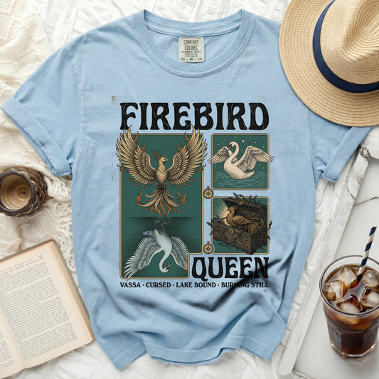 Light blue t-shirt with "Firebird Queen" graphic and mythical birds.