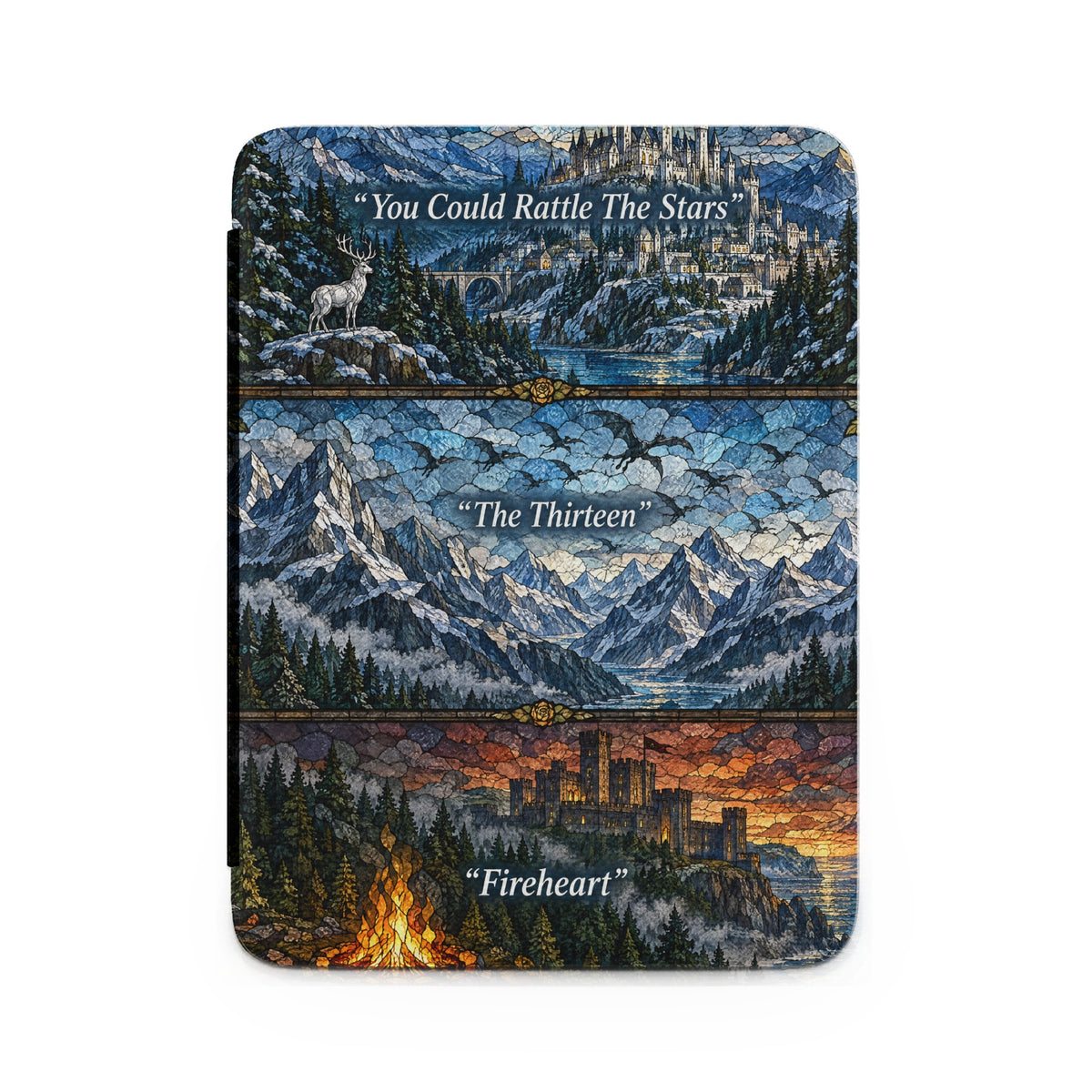 A Kindle case featuring a three-panel fantasy landscape with stained glass texture and motivational text quotes.
