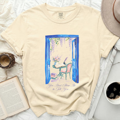 Cream t-shirt with blue door graphic featuring writing desk and wisteria.