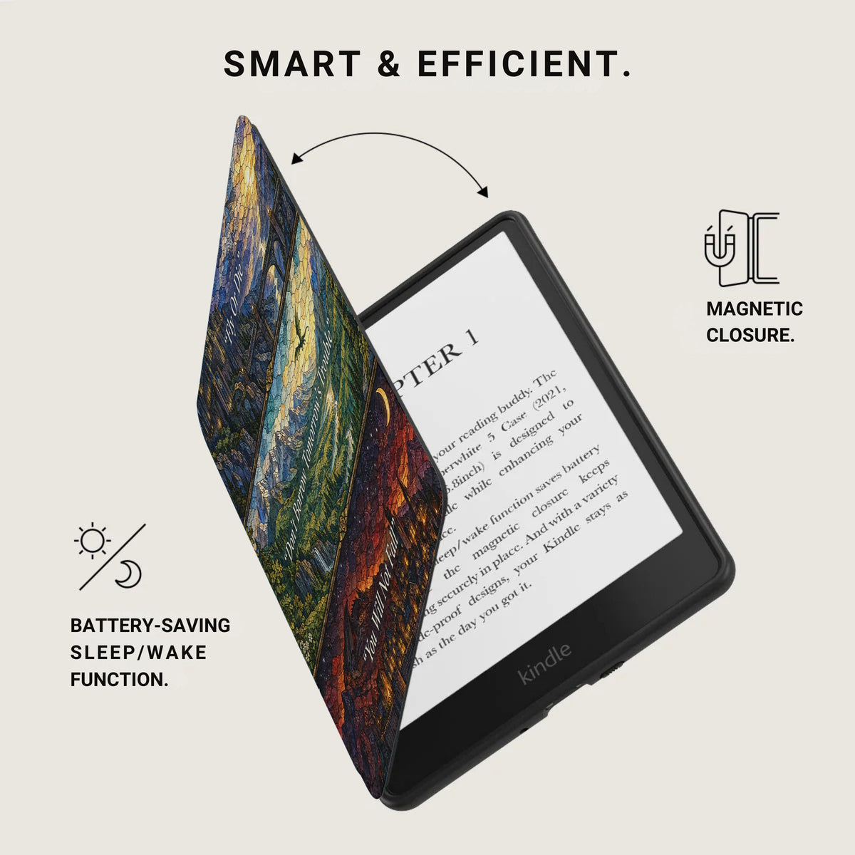 Kindle e-reader in a colorful patterned case featuring magnetic closure and a battery-saving sleep and wake function.