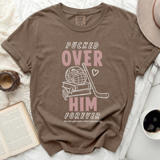 Brown t-shirt with "Pucked Over Him Forever" text and hockey graphics.