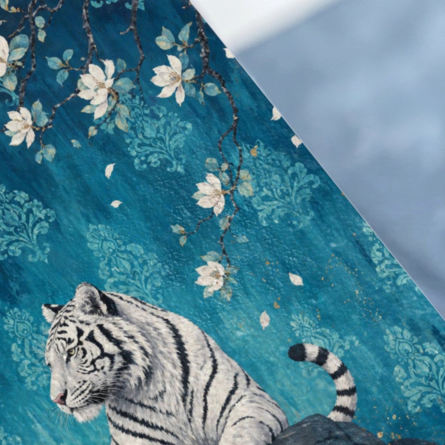 White tiger on a teal background with white floral branches and damask pattern.