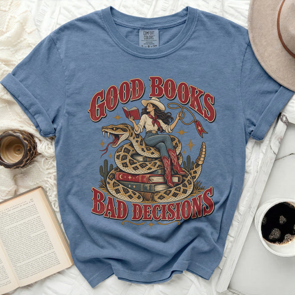 Good Books Bad Decisions Tee in Blue Jean