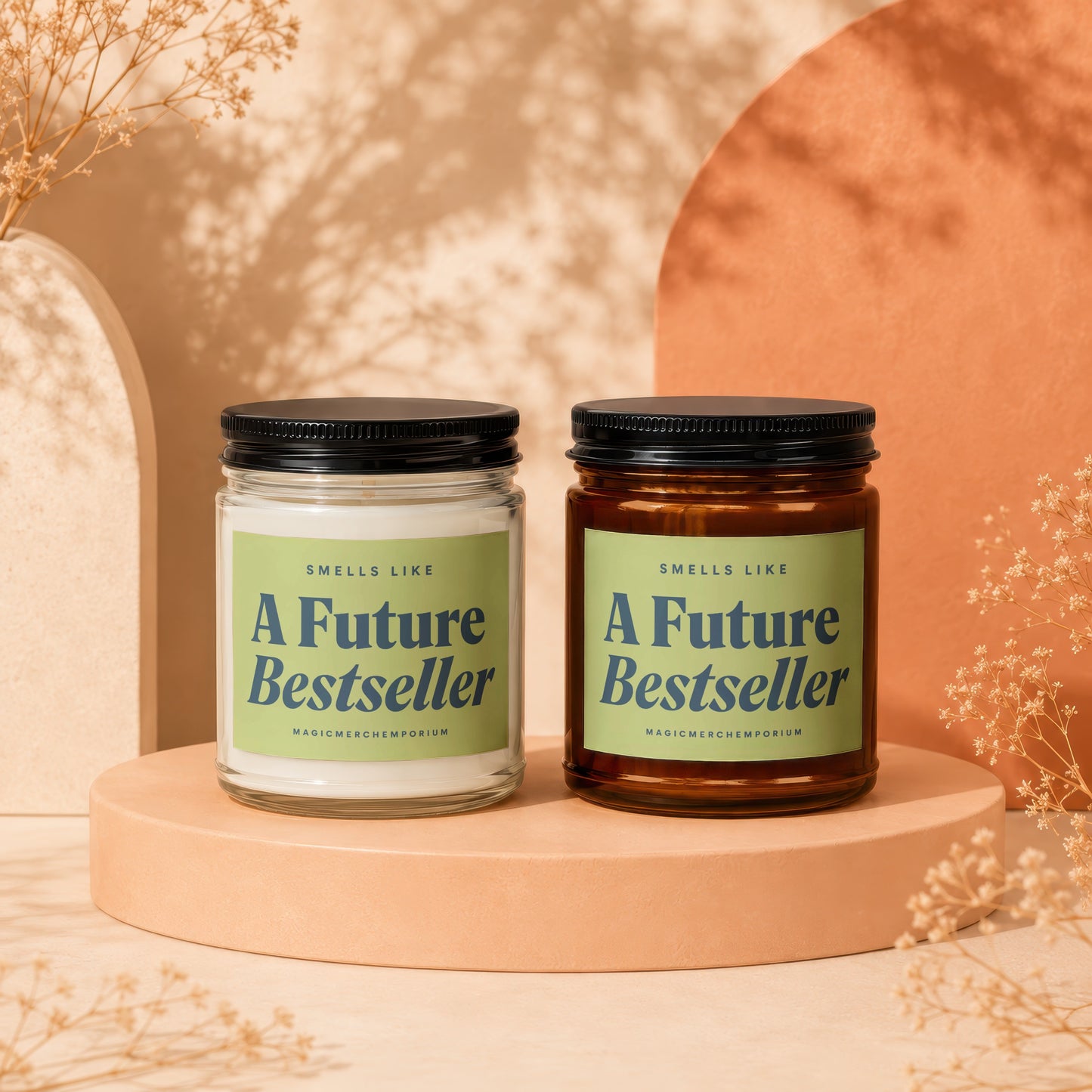 Two candles, one clear and one amber, with "A Future Bestseller" labels.