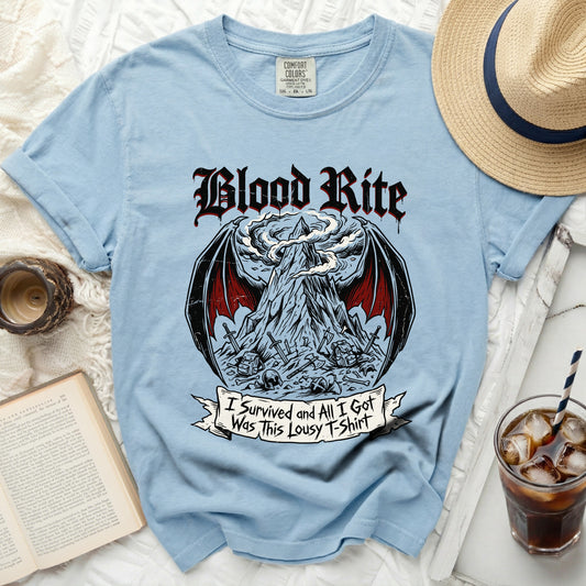 Light blue t-shirt with "Blood Rite" and graphic on front.