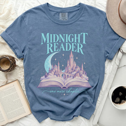 Midnight Reader t-shirt with castle, moon, and open book graphic.