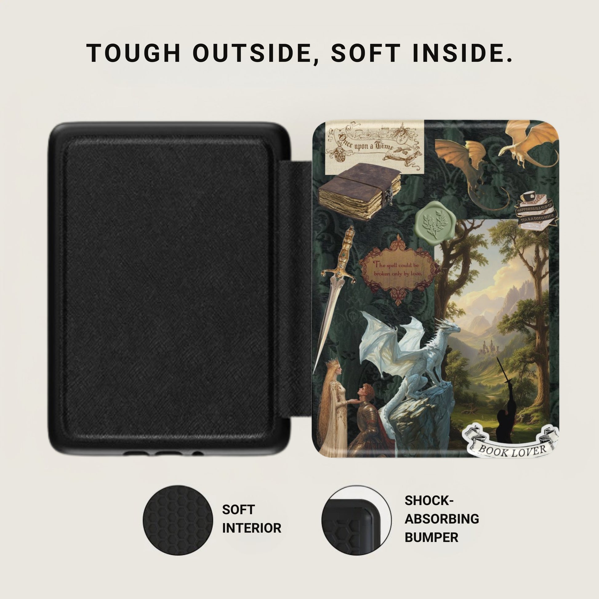 Black book cover with fantasy art, including dragons, knights, and castles.