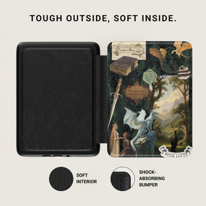 Black book cover with fantasy art, including dragons, knights, and castles.