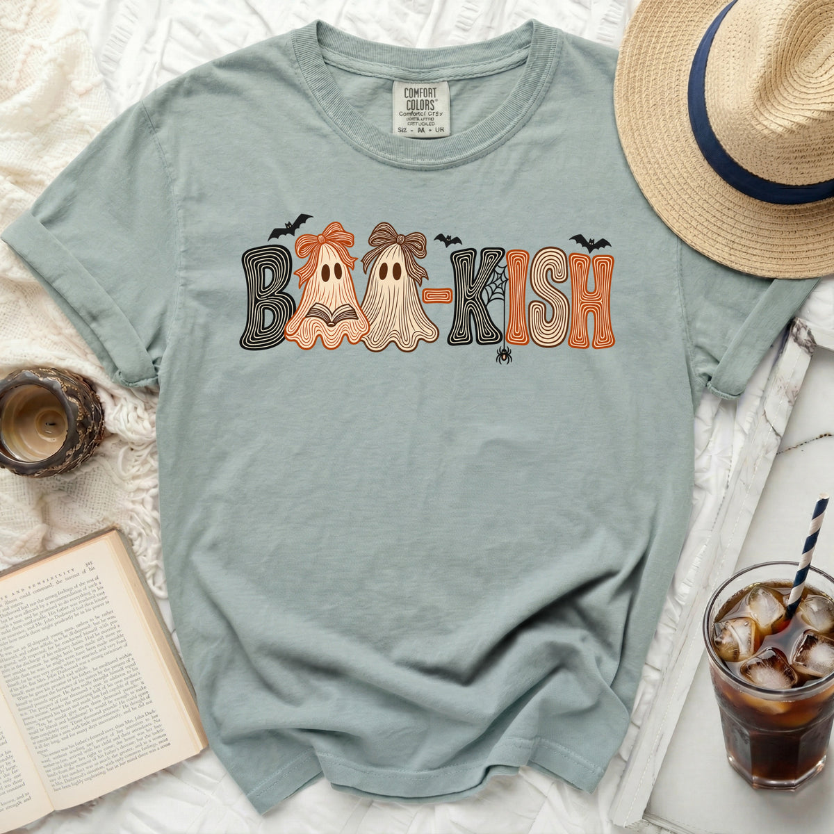 T-shirt with "Boo-kish" text featuring ghosts, bats, and spiderweb graphic.