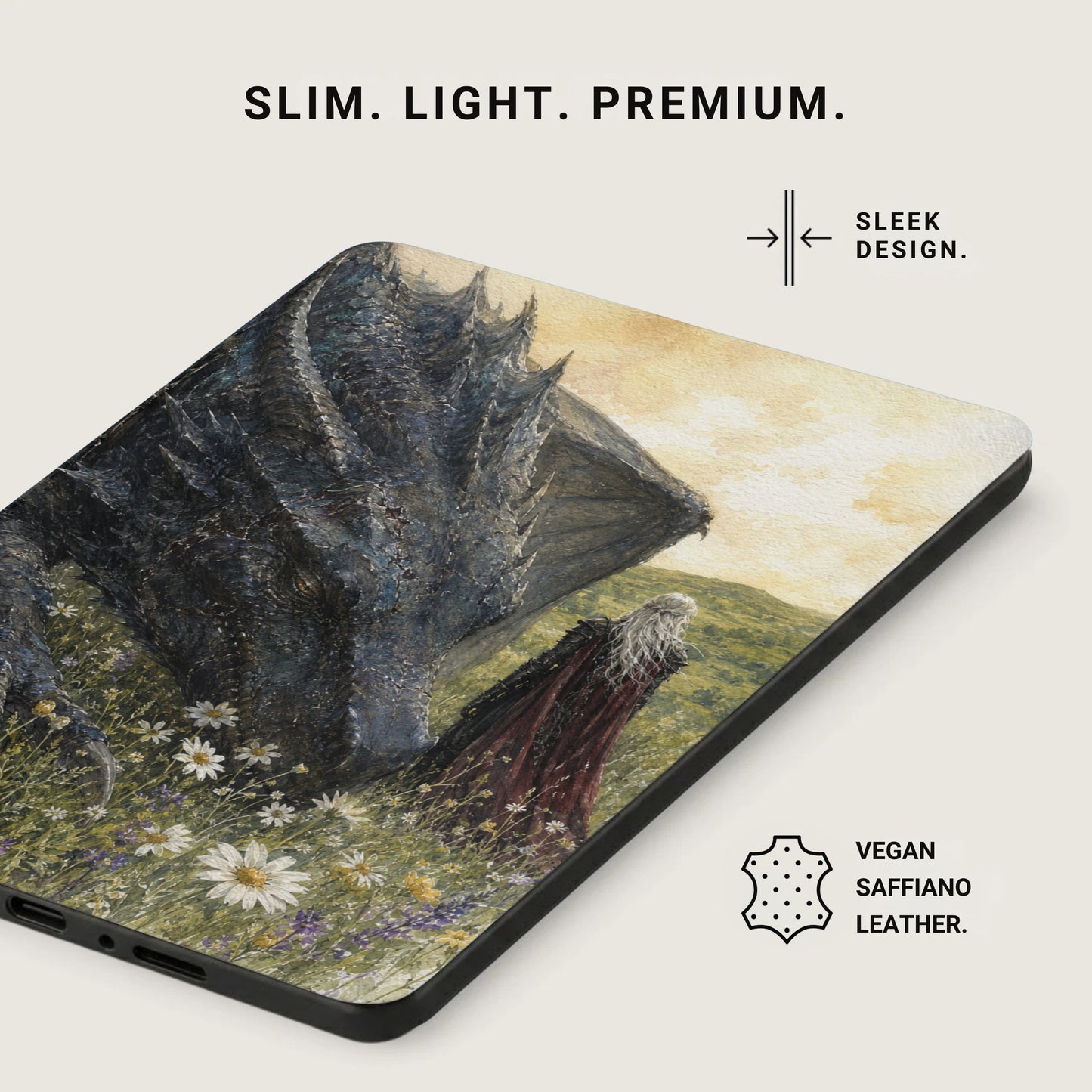 Phone case with dragon and person in field, vegan saffiano leather.