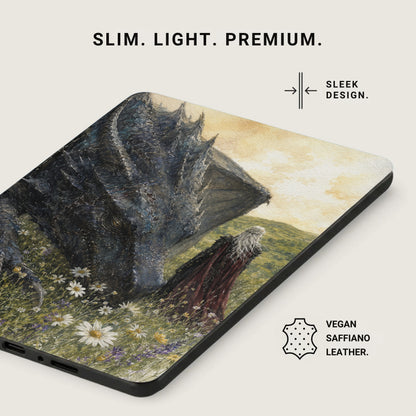 Phone case with dragon and person in field, vegan saffiano leather.