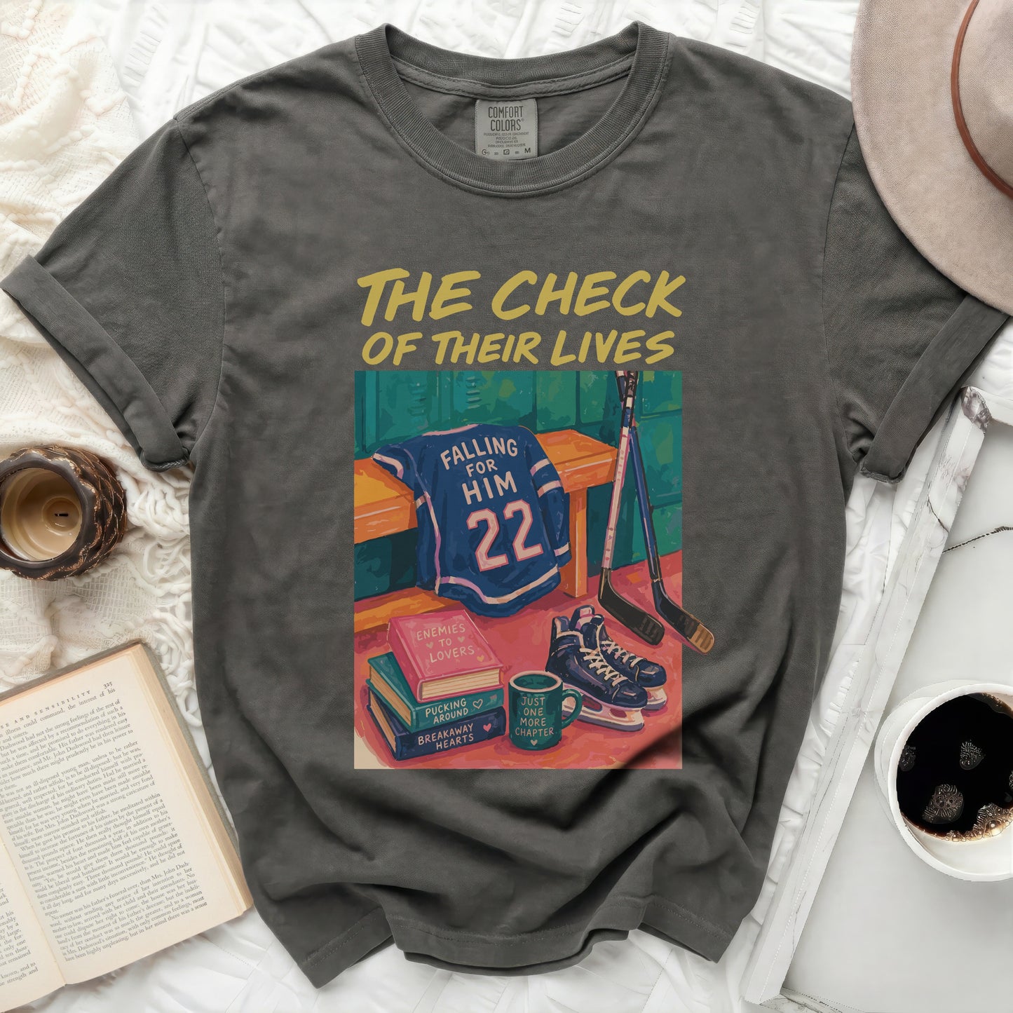 Dark gray t-shirt with "The Check of Their Lives" and hockey graphics.