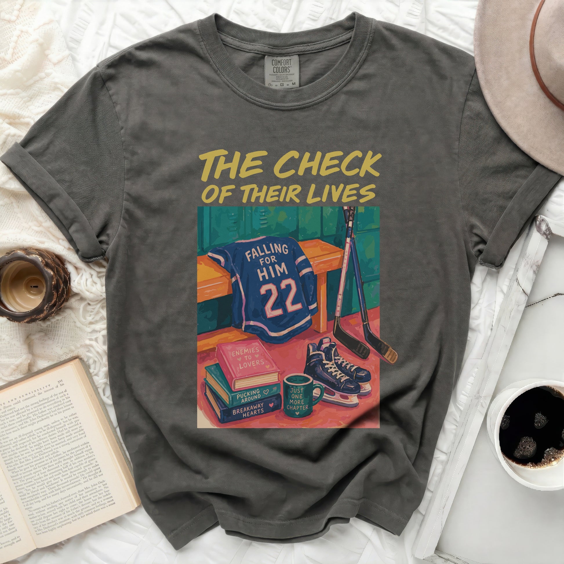 Dark gray t-shirt with "The Check of Their Lives" and hockey graphics.