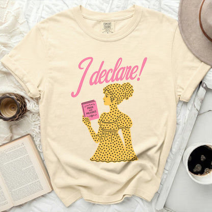 Cream t-shirt with "I declare!" and illustration of woman with Pride and Prejudice.
