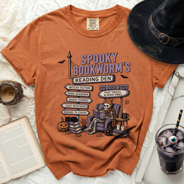 Spooky Bookworm's Den Tee in Yam