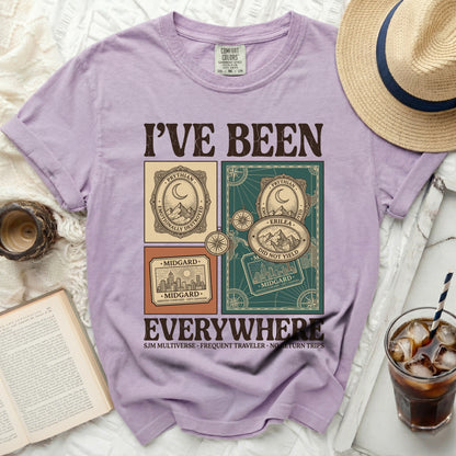 Purple t-shirt with "I'VE BEEN EVERYWHERE" graphic and travel-themed illustrations.