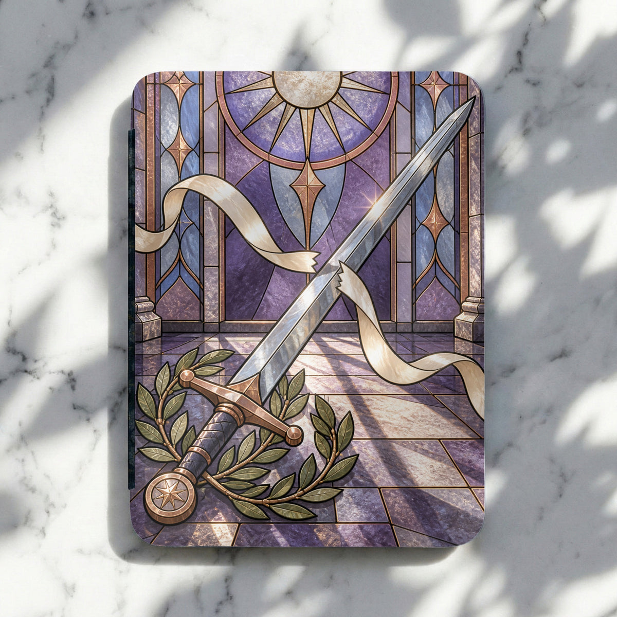Sword and laurel wreath against stained glass sun and marble floor.