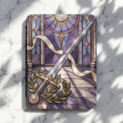 Sword and laurel wreath against stained glass sun and marble floor.