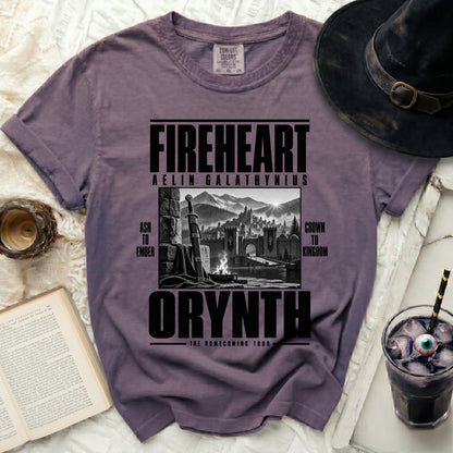 Purple t-shirt with "Fireheart Aelin Galathynius Orynth The Homecoming Tour" graphics.