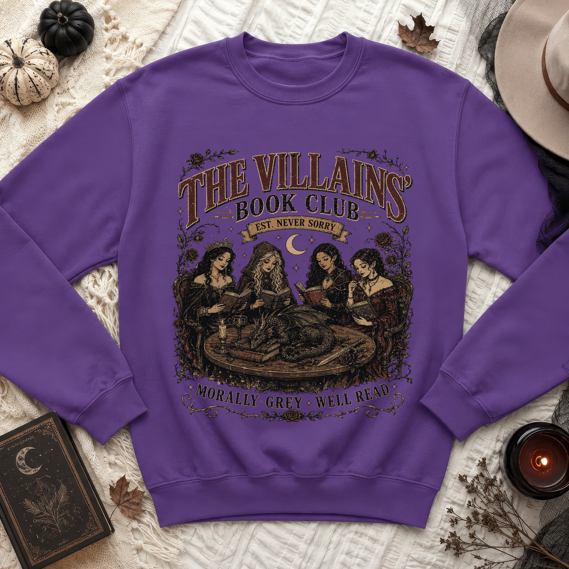 Purple sweatshirt with "The Villains Book Club" graphic and tagline.