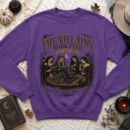 Purple sweatshirt with "The Villains Book Club" graphic and tagline.