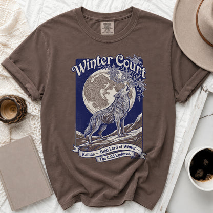 Brown t-shirt with "Winter Court" and wolf howling at the moon graphic.