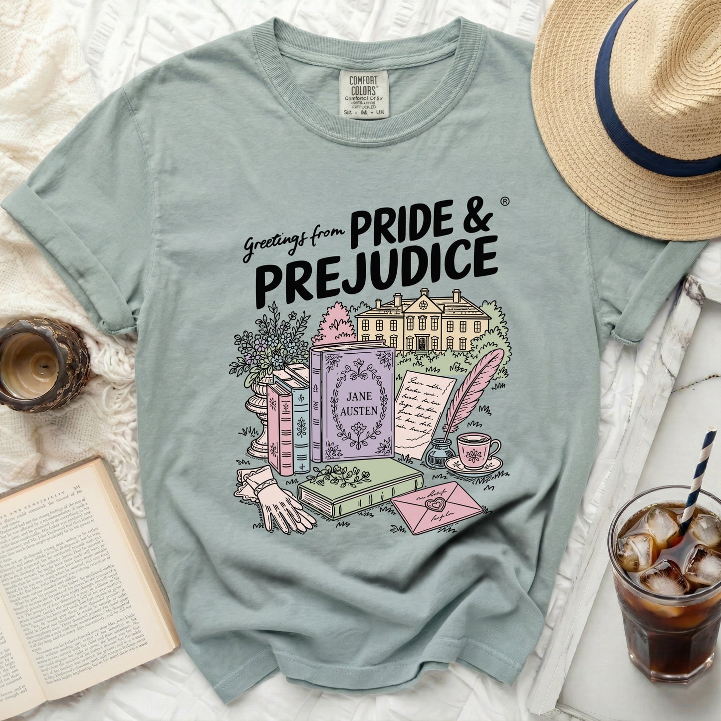 T-shirt with "Greetings from PRIDE & PREJUDICE" and Jane Austen book design.