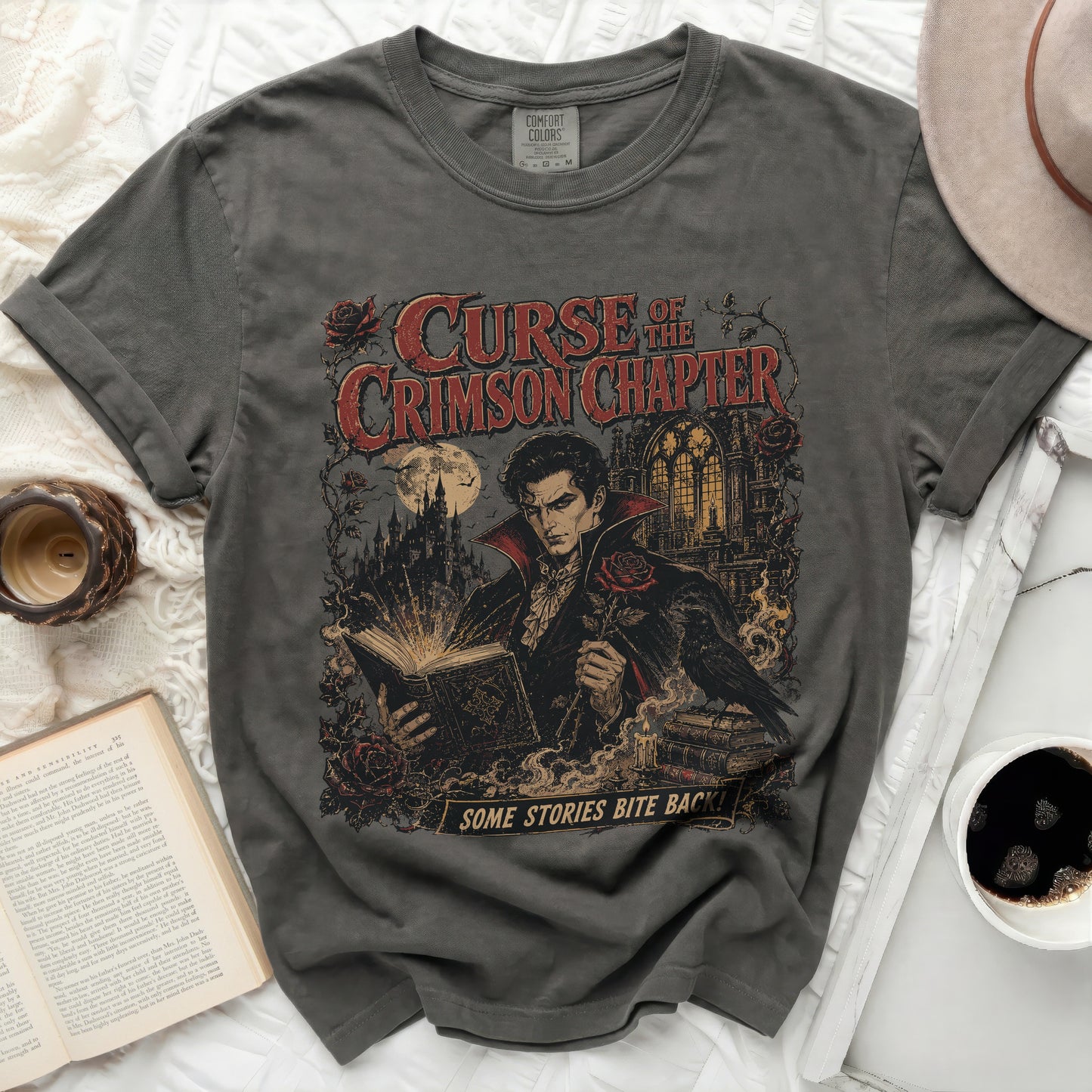 Dark grey Comfort Colors t-shirt with Vampire and book graphic.