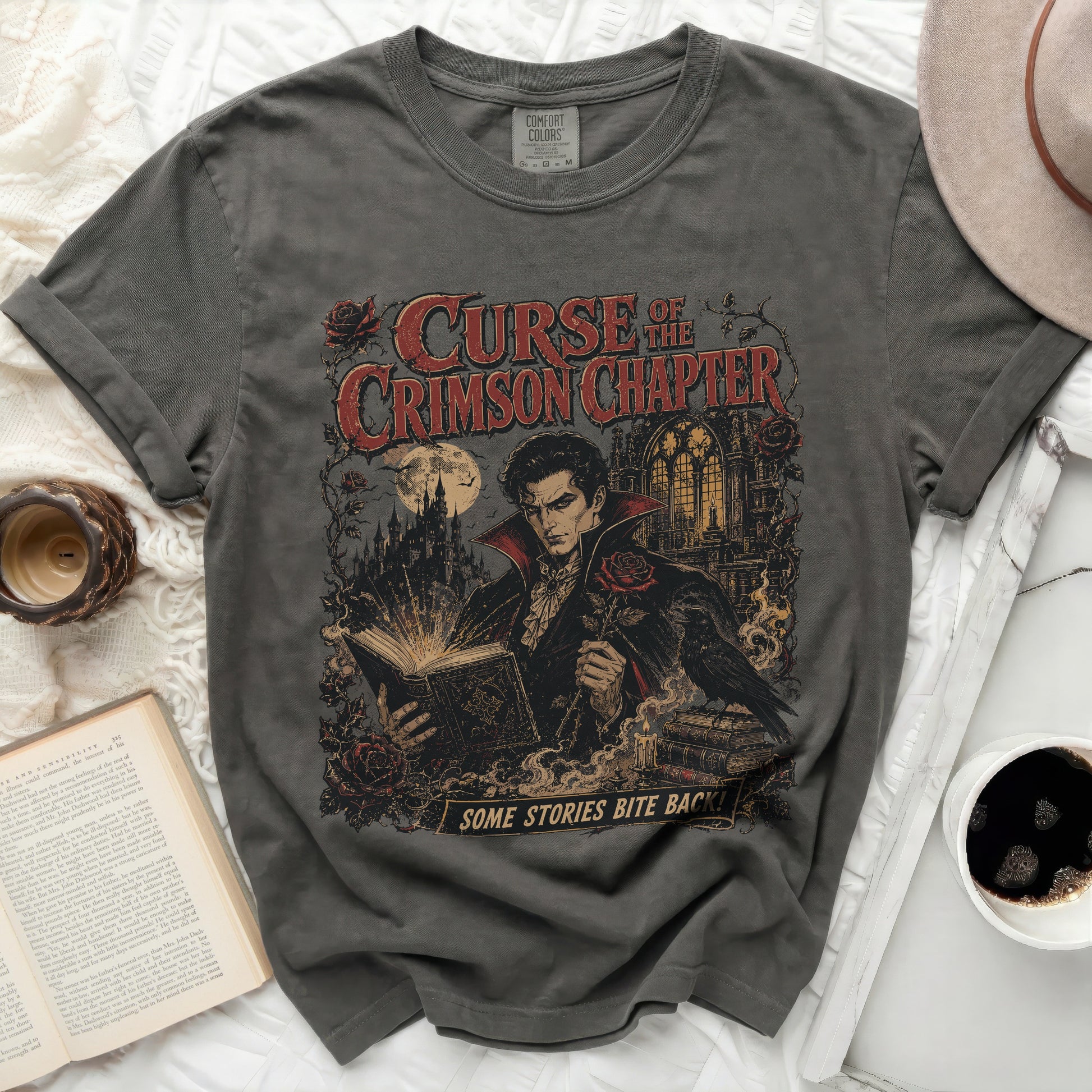 Dark grey Comfort Colors t-shirt with Vampire and book graphic.