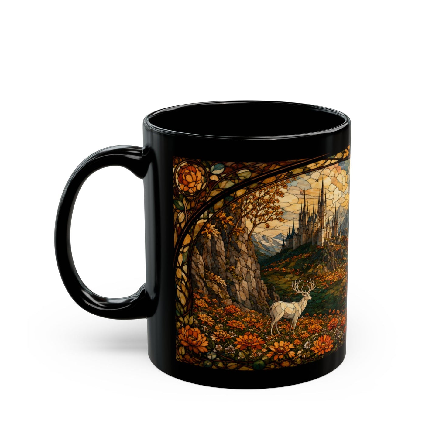 Black mug with a stained-glass style design showing a castle and a deer.