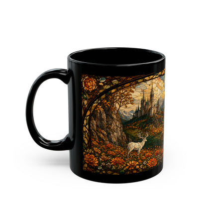 Black mug with a stained-glass style design showing a castle and a deer.