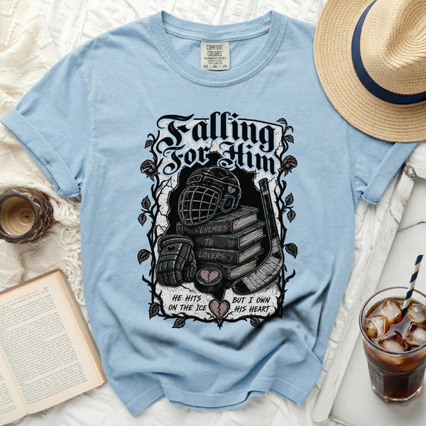 Falling For Him Hockey Romance Tee in Chambray
