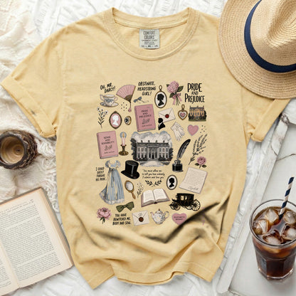 Yellow t-shirt with Jane Austen novels and literary quotes illustrations.