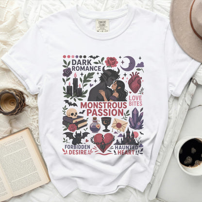 Dark Romance Monstrous Passion t-shirt with gothic illustrations and text.