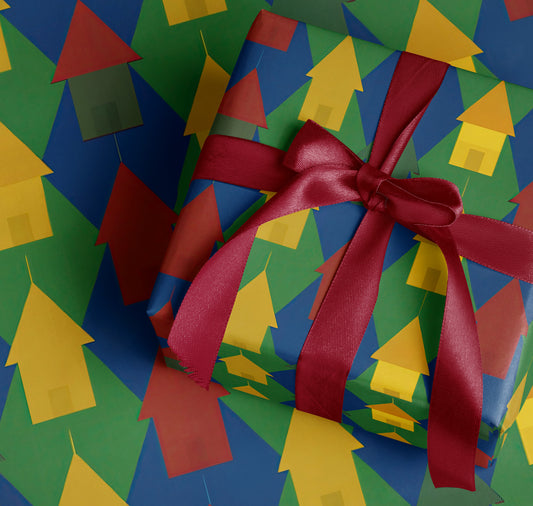 Festive Blue Green Red Yellow Gift Wrap with Ribbon