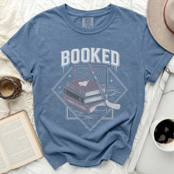 Booked Hockey Romance Literary Escape Tee in Blue Jean
