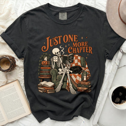 Skeleton reading "Spicy Books & Deadlines" under "Just One More Chapter" text.
